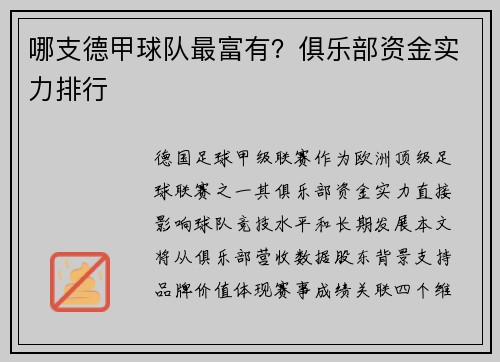 哪支德甲球队最富有？俱乐部资金实力排行