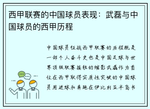 西甲联赛的中国球员表现：武磊与中国球员的西甲历程