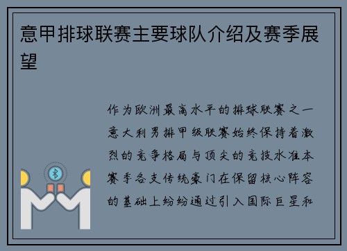 意甲排球联赛主要球队介绍及赛季展望